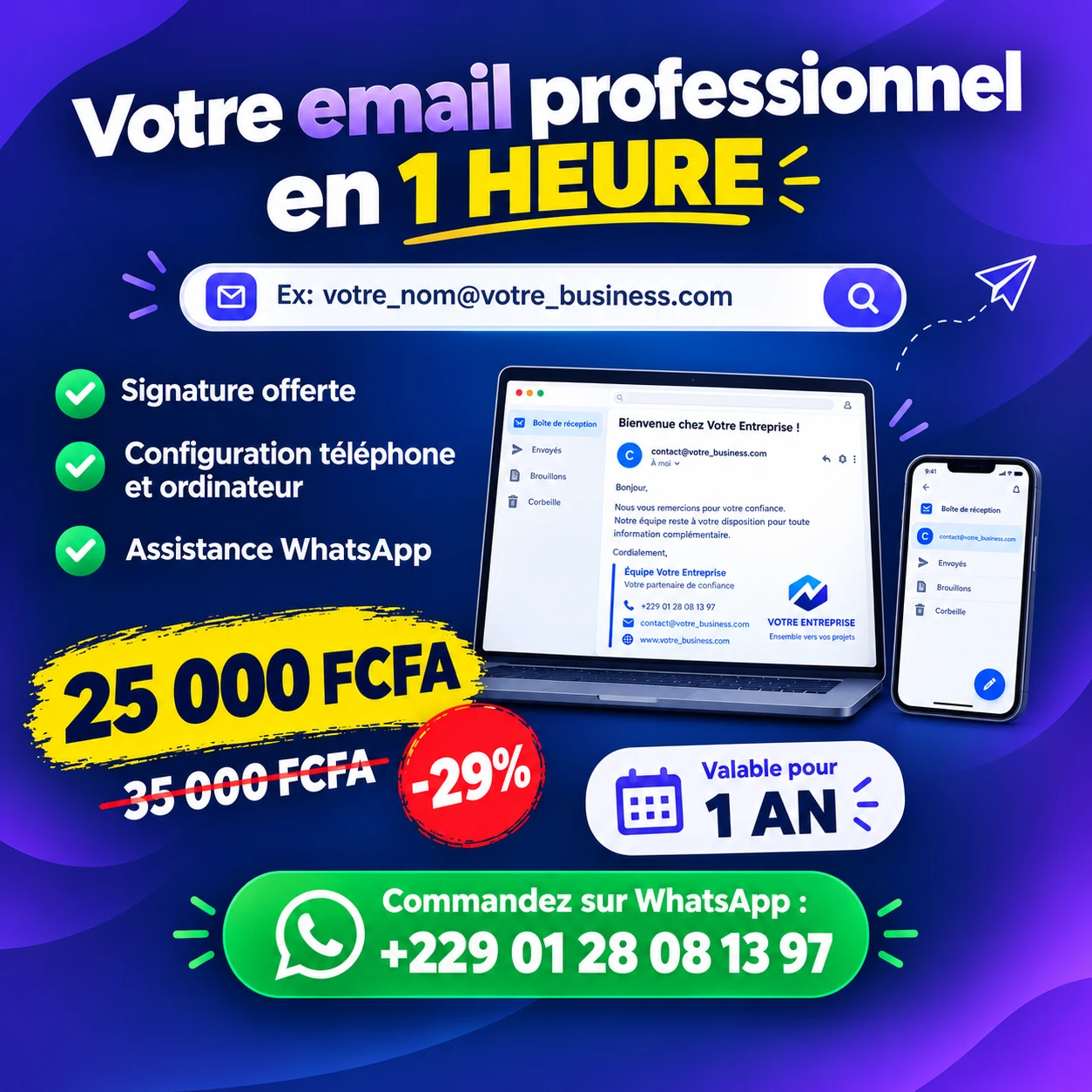 Affiche : votre email professionnel en 1 heure, 25 000 FCFA au lieu de 35 000, valable 1 an